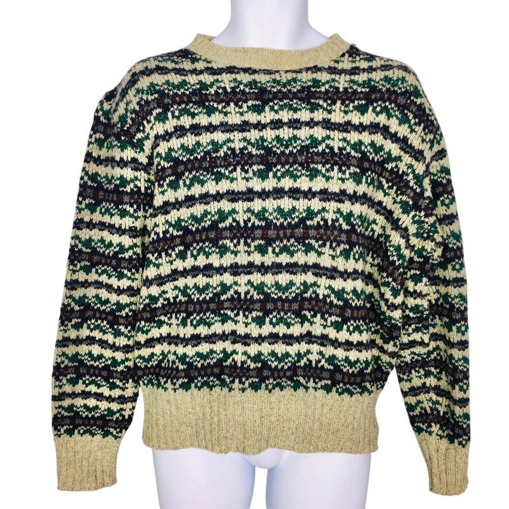 Vintage Fieldmaster Mens L Sweater Tan Gray Green Long Sleeve Crew Neck Wool